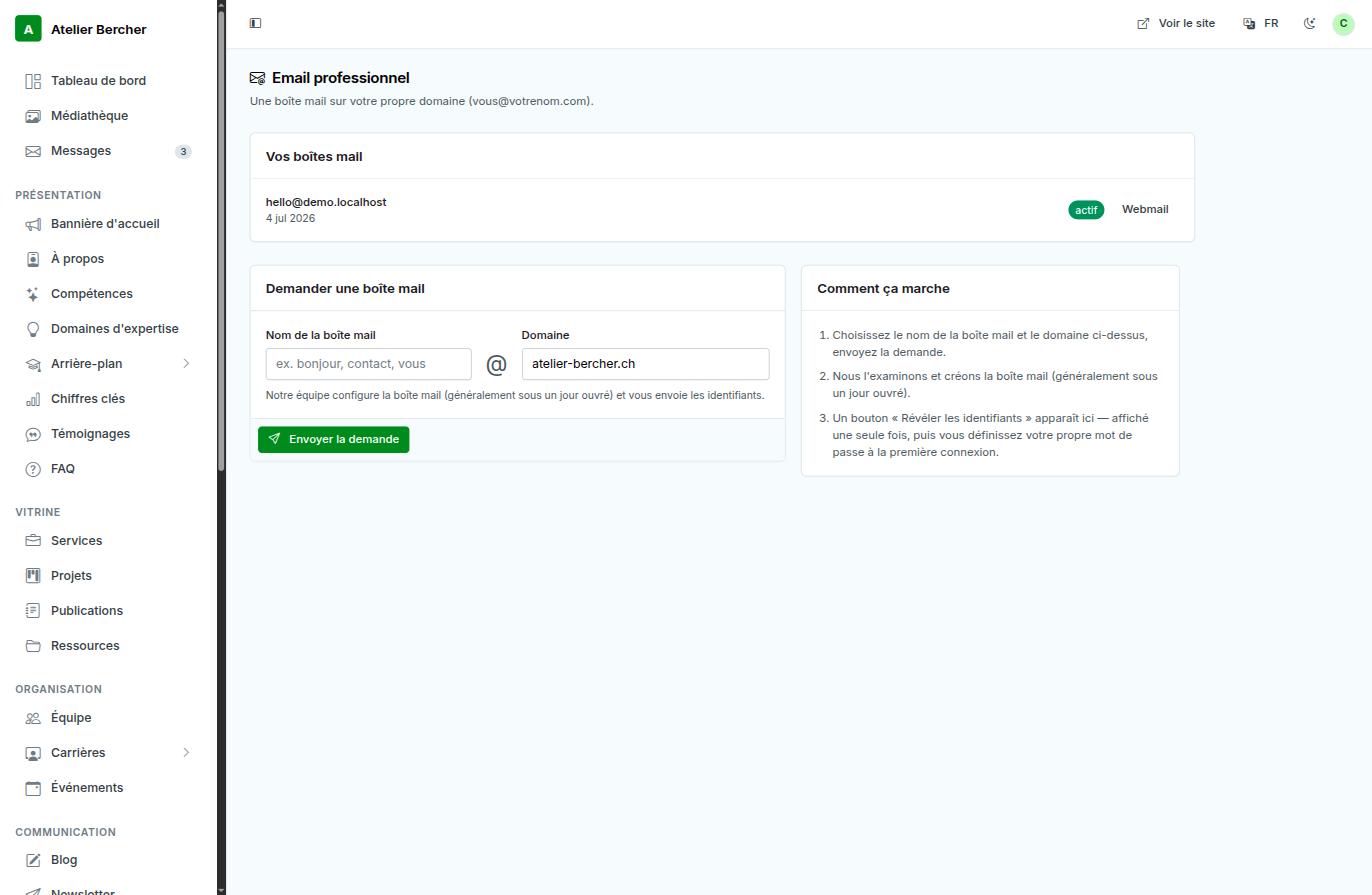 La schermata E-mail professionale: le tue caselle, il modulo di richiesta e i tre passi spiegati.